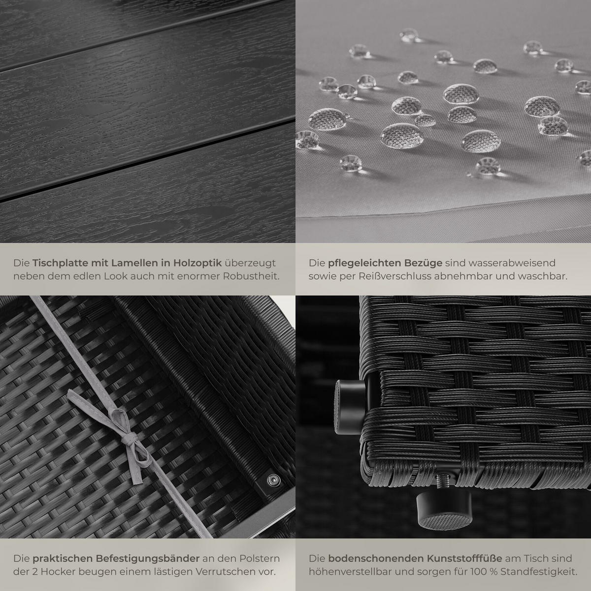 2-IN-1-RATTANLOUNGE-SET Monopoli, höhenverstellbare Tischfüße, schwarz - Schwarz, Kunststoff - tectake