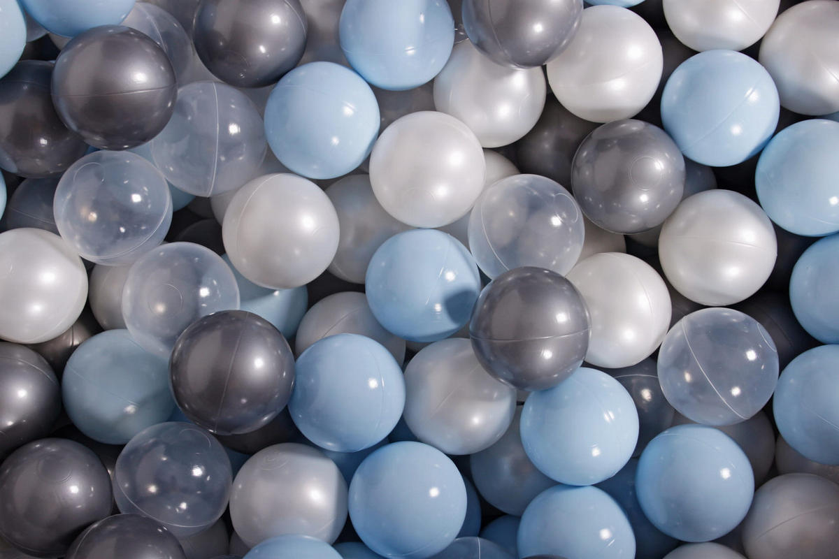 BÄLLE für Bällebad, Spielbälle, Plastikbälle für Kinder Set 50 pcs.: Blau/Perlweiß/Silber/Transparent - Silberfarben, Textil (7/7/7cm) - MeowBaby