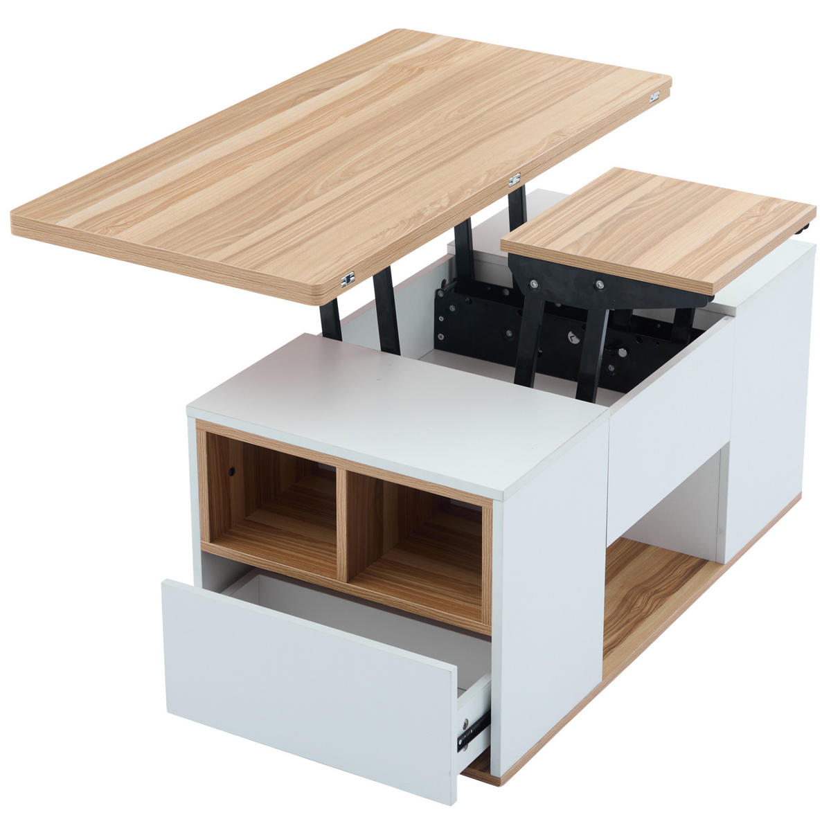 COUCHTISCH 100/51/47 cm höhenverstellbar mit 2-in-1-Tischplatte, 2 Schubladen und Stauraum aus Spanplatte, Weiß/Gelbbraun - Weiß, Holzwerkstoff (100/51/47cm) - Redom