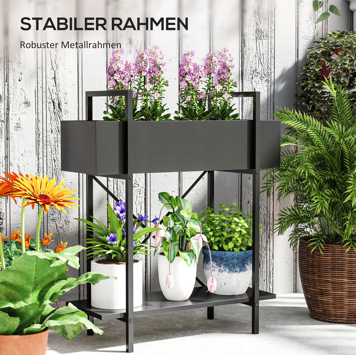 BLUMENSTÄNDER 60/25/70 cm aus Metall mit 2 Ebenen, Ablauflöchern und X-Rückenstruktur, Schwarz - Schwarz, Metall (25/70/60cm) - Redom
