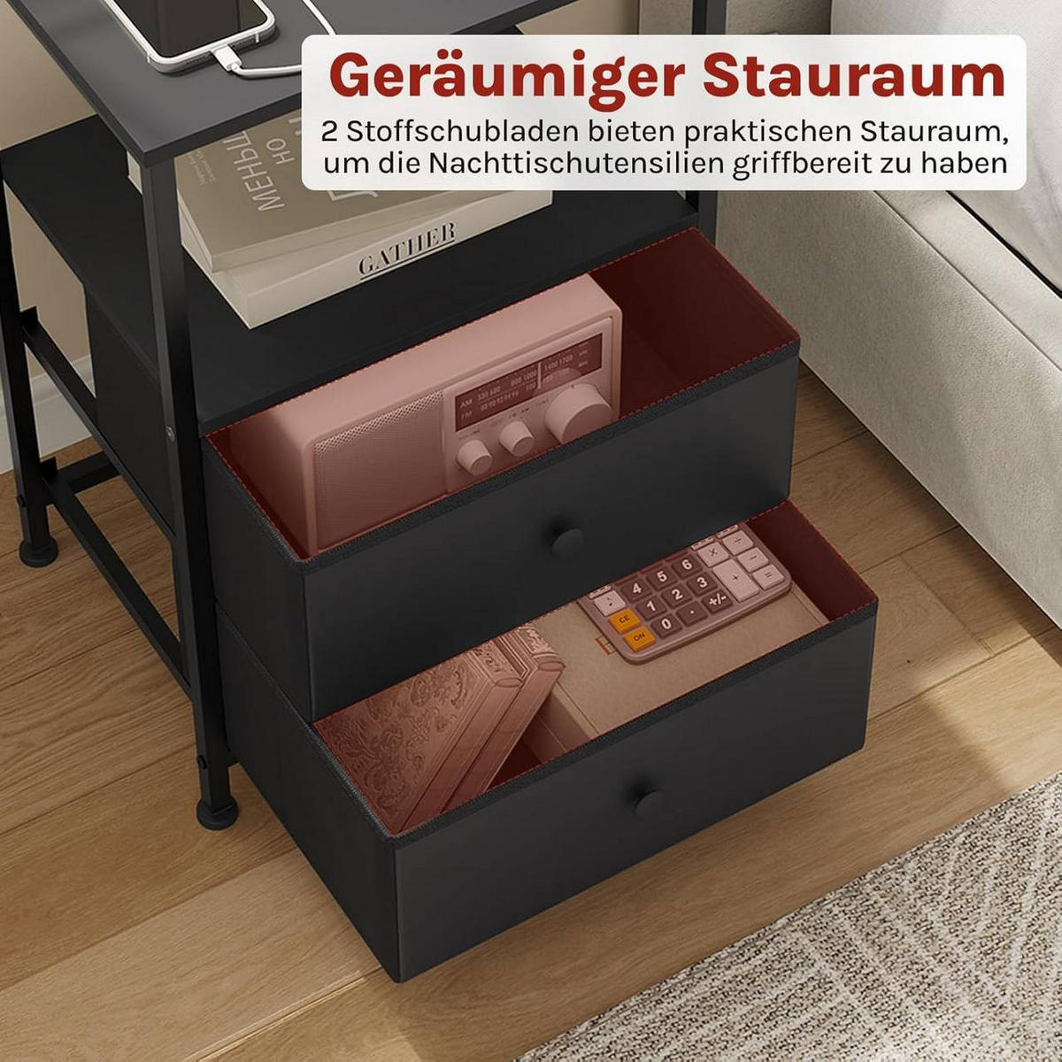 NACHTTISCH 2er Set, mit Ladefunktion, 2 Schubladen, Schwarz - Schwarz, Holzwerkstoff/Textil (40/60/30cm) - Woltu