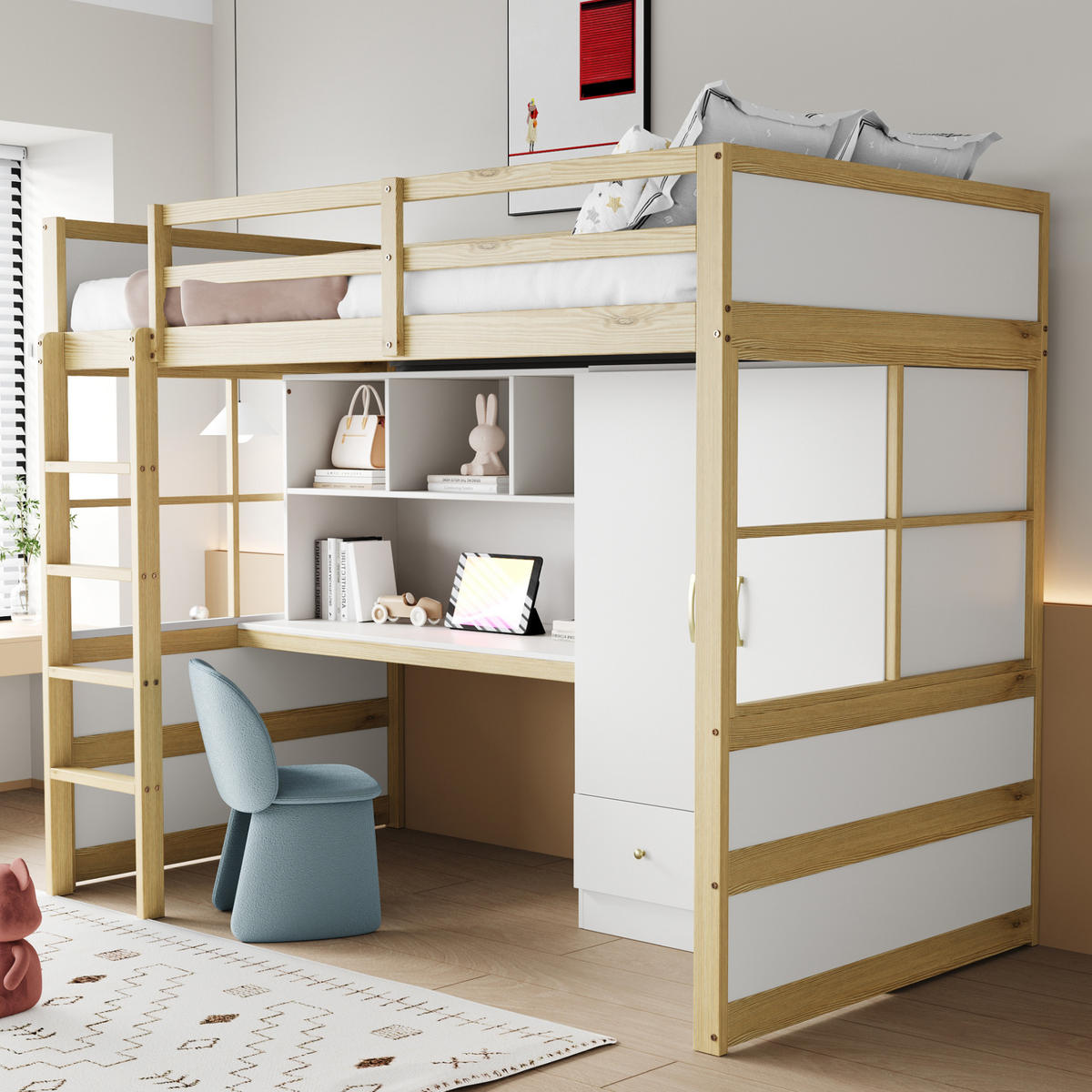 HOCHBETT 90/200 cm in Naturfarbe mit Schreibtisch, Kleiderschrank und Schubladen - Naturfarben, Holz (90/200cm) - Flora Grace