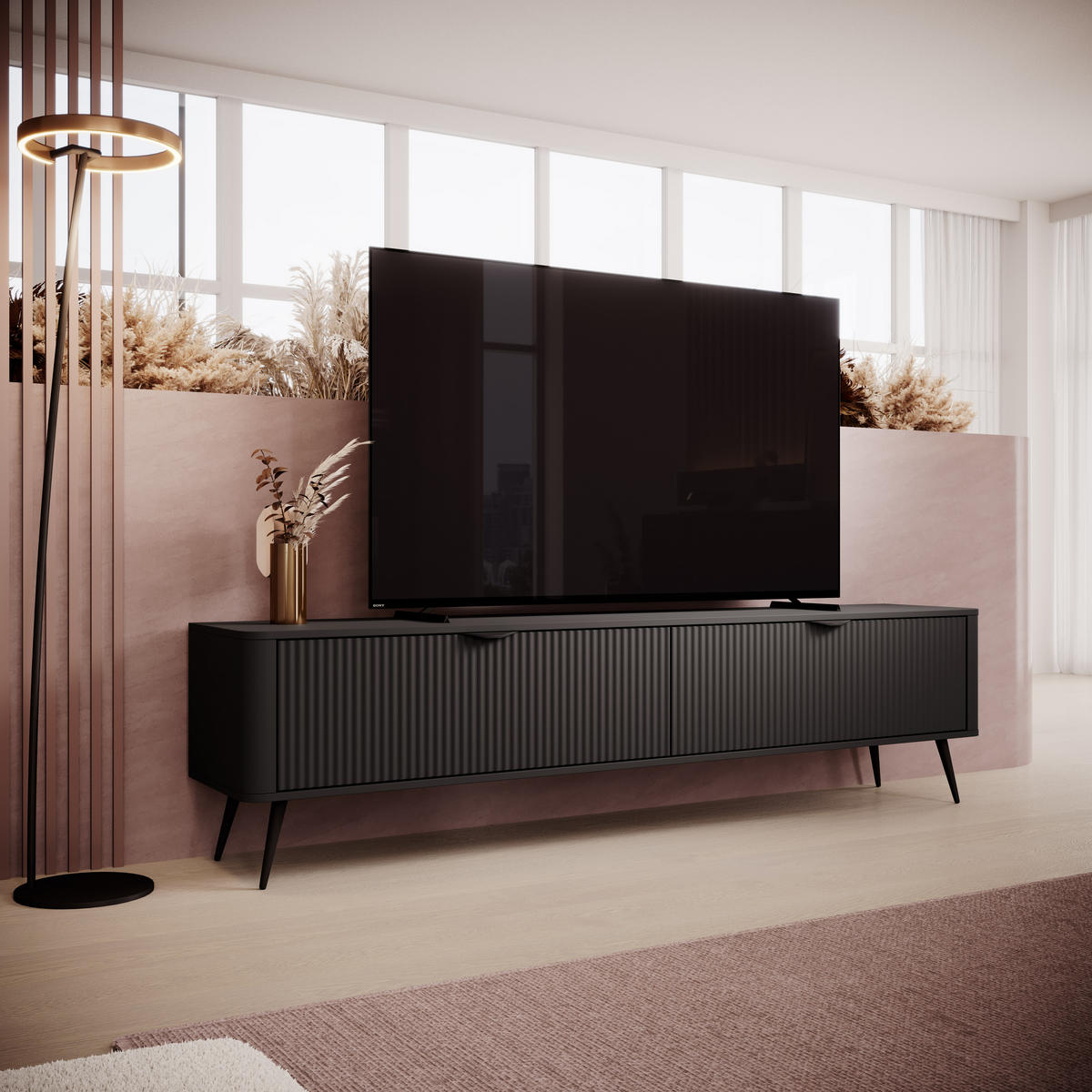 TV-SCHRANK: 2 Türen, Schwarz, 200 x 51,2 x 38 cm - Schwarz, Holzwerkstoff/Metall (200/51.2/38cm) - 3XE LIVING