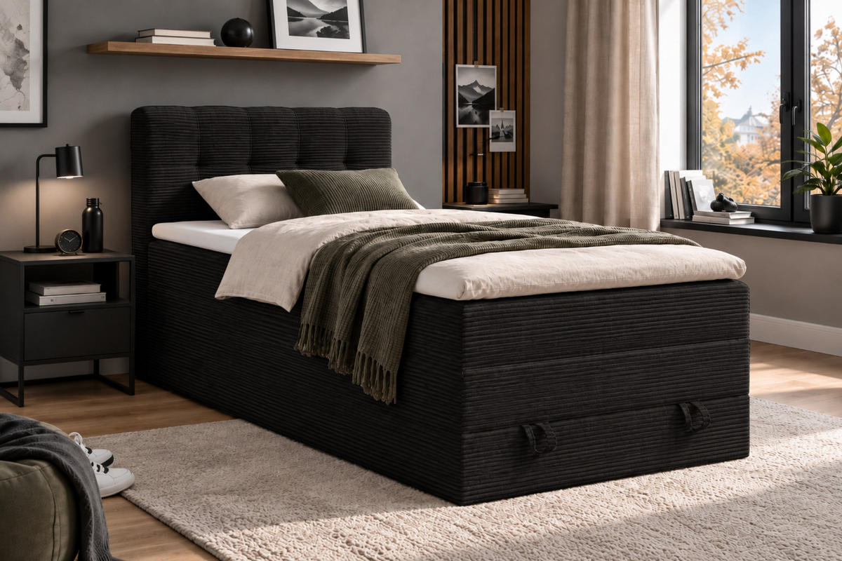 BOXSPRINGBETT JUNG 2 100/200 Cord Schwarz mit Matratzen H3 + H4 - Schwarz, Holz/Holzwerkstoff (100/200cm) - Deine Möbel 24