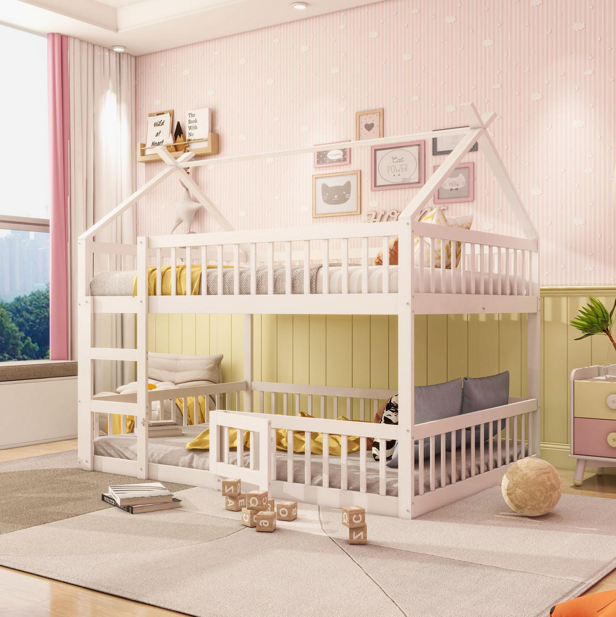 ETAGENBETT 140/200 cm in Weiß mit Treppe und Sicherheitszaun - Weiß, Holz (140/200cm) - OKMYHOME
