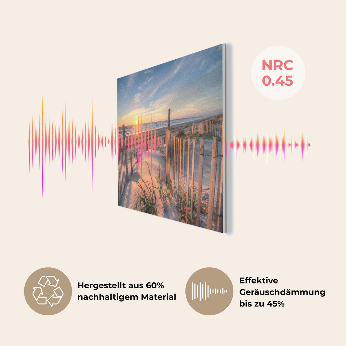 AKUSTIKBILD Strand - Meer - Düne - Sonnenuntergang - Landschaft Akustikpaneele 90x60 cm - Beige, Kunststoff (90/60/0.9cm) - MuchoWow