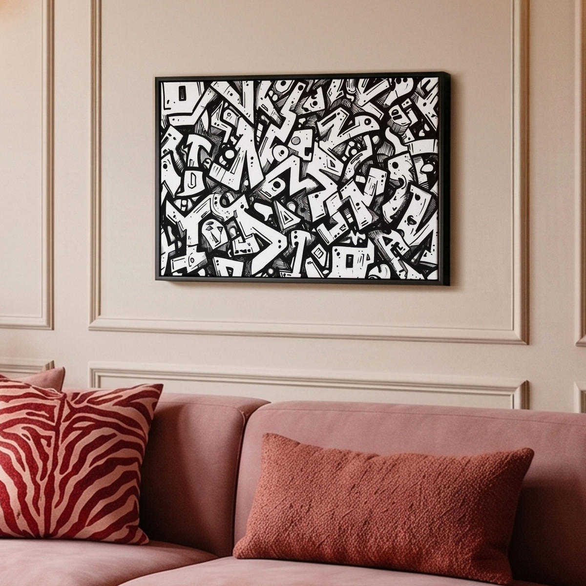 LEINWAND Bilder mit Rahmen - Formen - Buchstaben - Graffiti - Schwarz - 60x40 - Schwarz, Textil (60/40cm) - MuchoWow