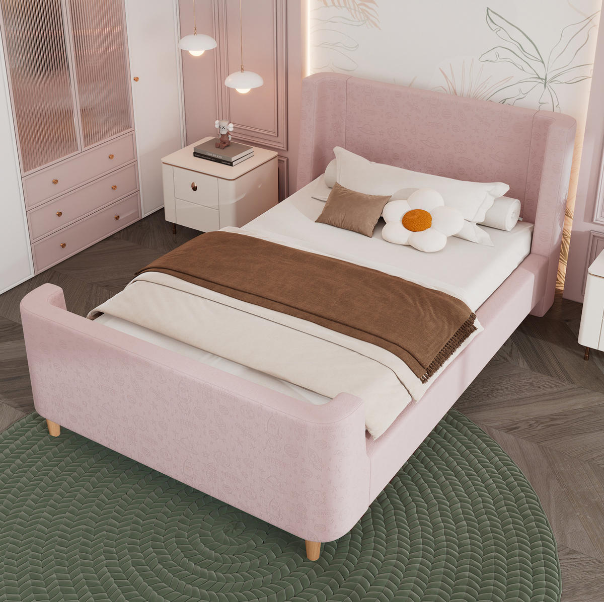 KINDERBETT 90/200 cm in Rosa mit Samtbezug und Weltraummuster - Pink, Textil (90/200cm) - BEAOK