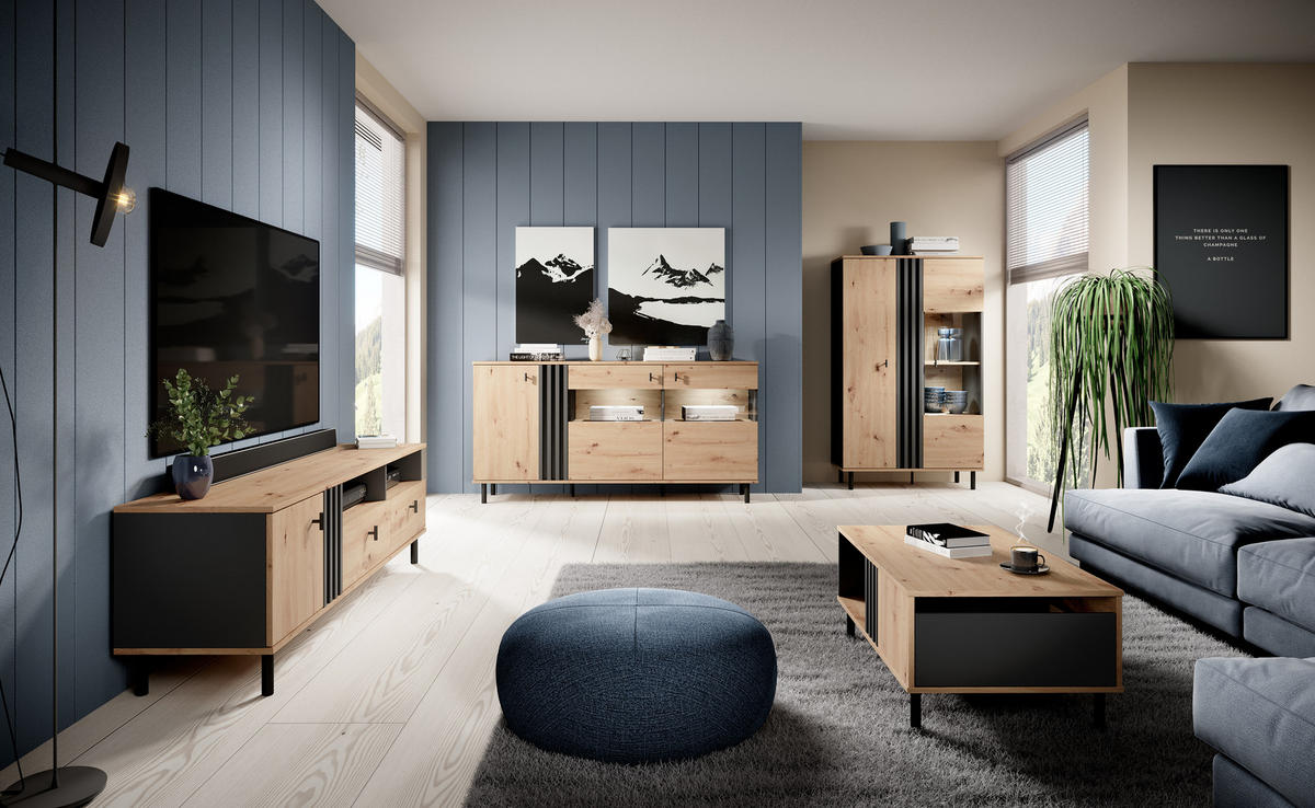 TV-SCHRANK Madis Artisan Eiche, mit Schubladen - Schwarz/Eiche Artisan, Holzwerkstoff (165/49/40cm) - Bettso