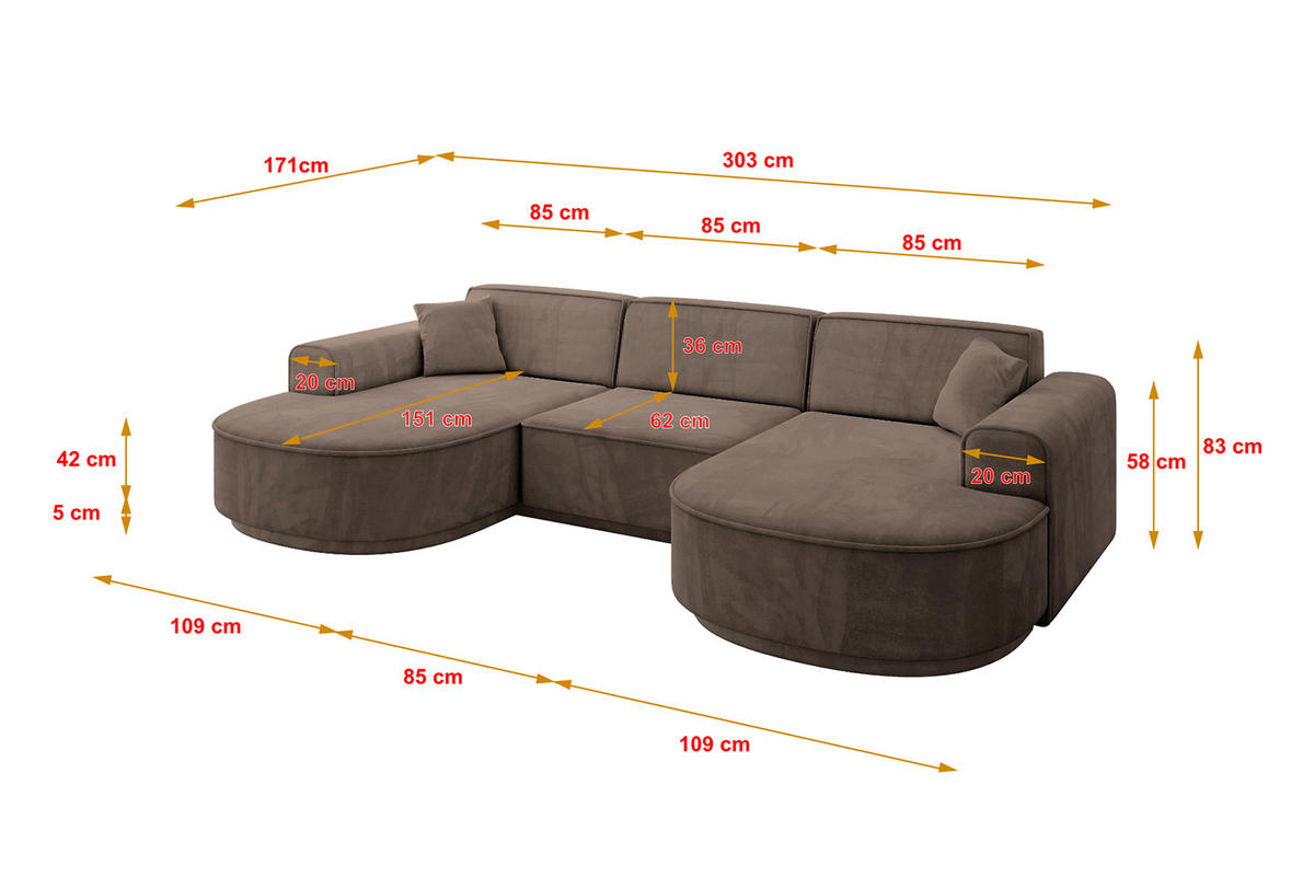 WOHNLANDSCHAFT MARI-U1-v3 - 303x171x83 cm Braun Velours - Schwarz/Braun, Holzwerkstoff/Kunststoff (303/83/171cm) - ALTDECOR