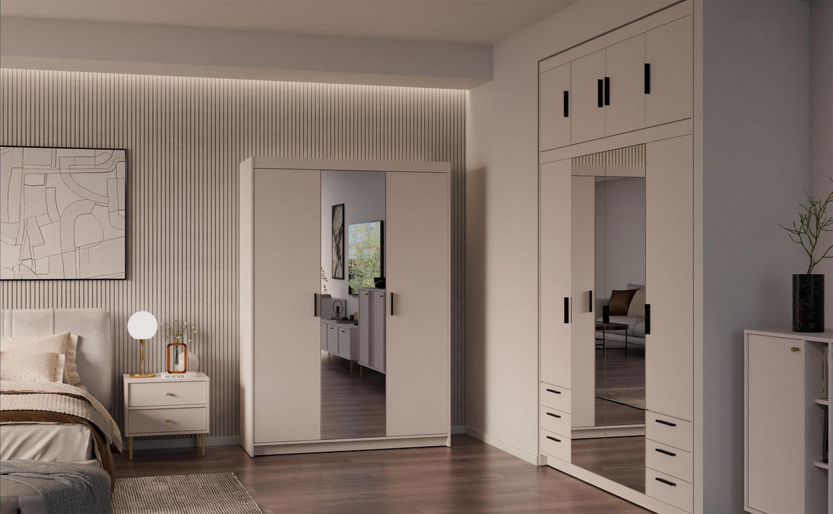 KLEIDERSCHRANK Storicos Beige 133/190,5/53 cm - Modern mit Spiegel 3-türig - Beige, Holzwerkstoff/Kunststoff (133/190.6/53cm) - AX Living