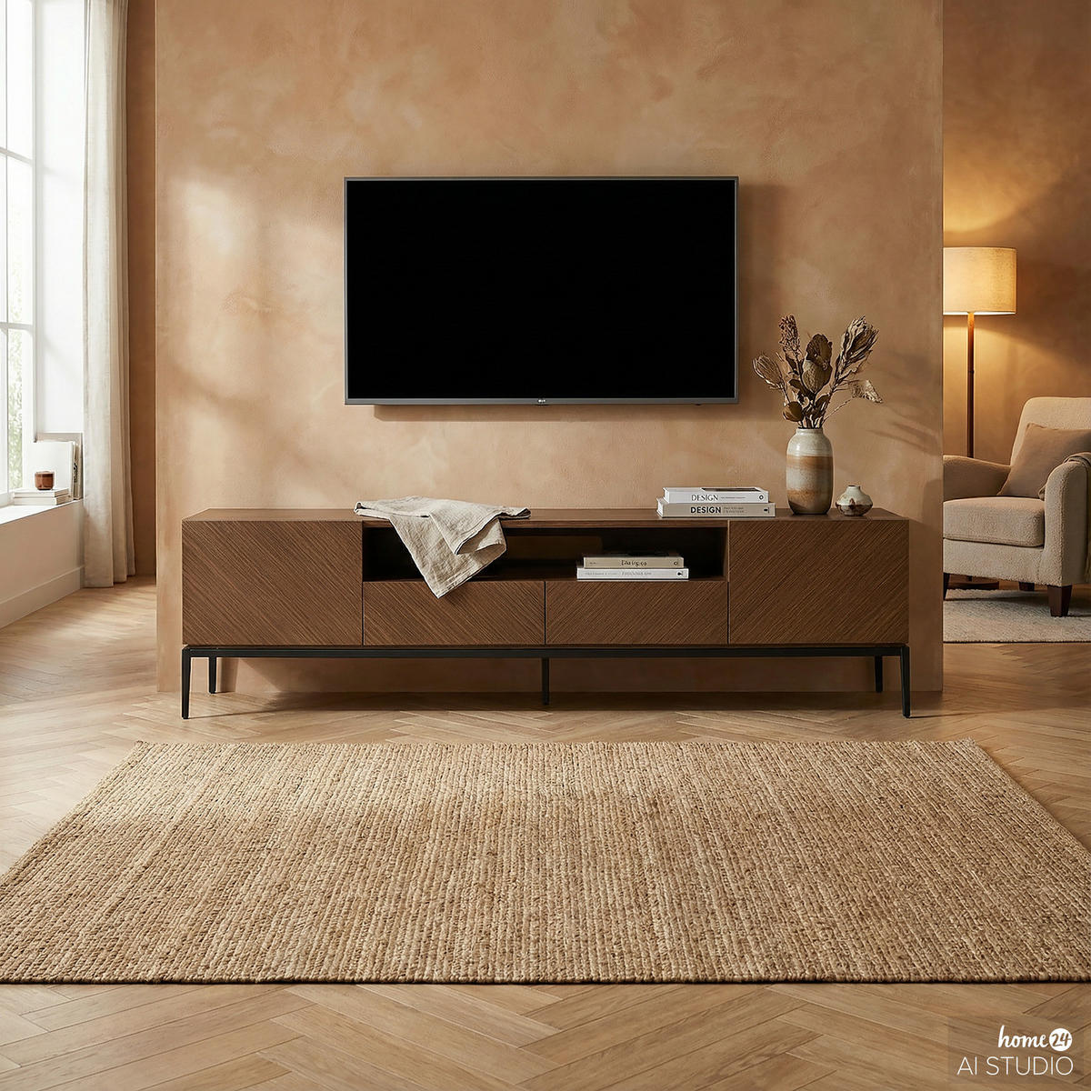 TV-LOWBOARD mit Schubladen - Walnussfarben, Holzwerkstoff/Metall (180/55/40cm) - home24