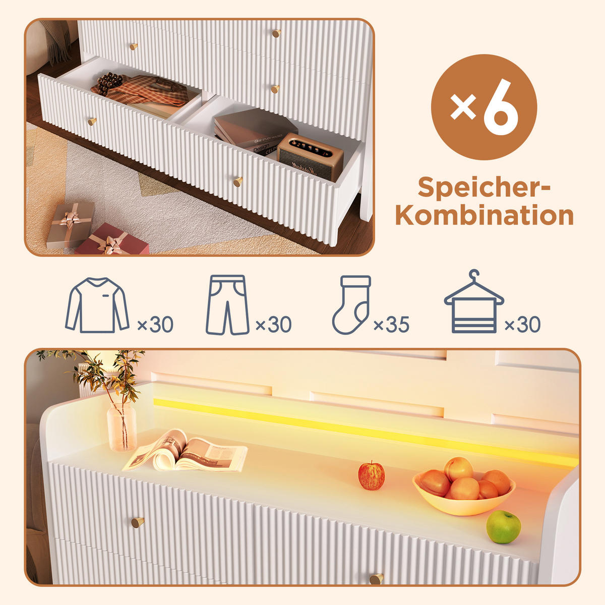 KOMMODE mit 6 Schubladen und LED-Beleuchtung, 120 x 40 x 75 cm, Weiß, Spanplatte - Weiß, Holzwerkstoff (120/75/40cm) - SONNENH