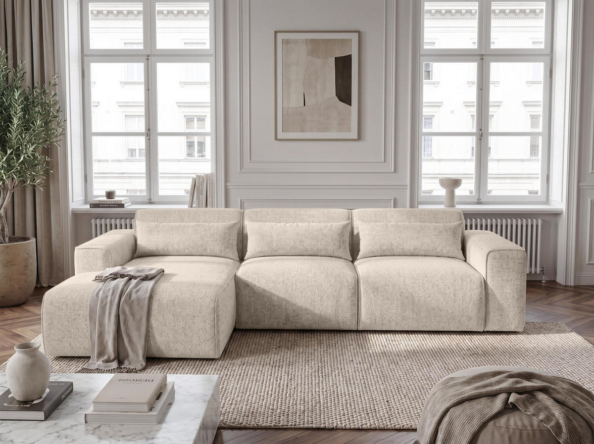 ECKSOFA L Form Ruyam Creme 310/165/78 cm – Schlaffunktion Links - Creme/Schwarz, Kunststoff/Textil (170/310cm) - AX Living