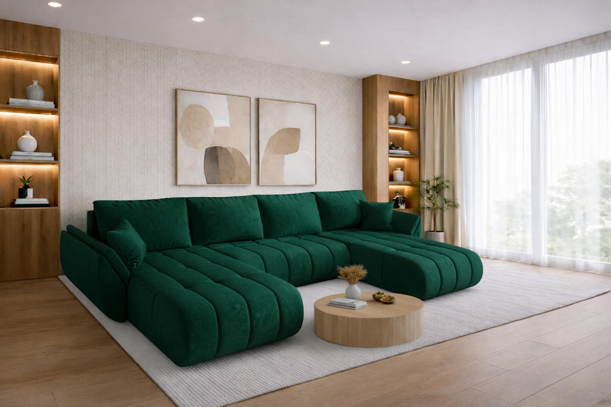 ECKSOFA mit schlaffunktion und bettkasten TOKYO U PREMIUM, stoff MONOLITH, Grün - Grün, Holz (384/190cm) - Kaiser Möbel