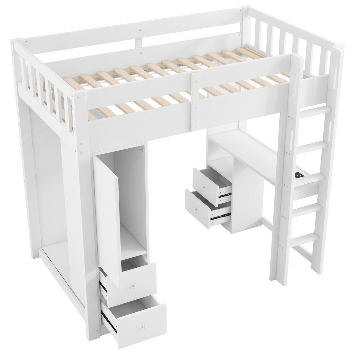 HOCHBETT 90/200 cm weiß aus Massivholz und MDF mit Schreibtisch und LED - Weiß, Holzwerkstoff (90/200cm) - OKWISH