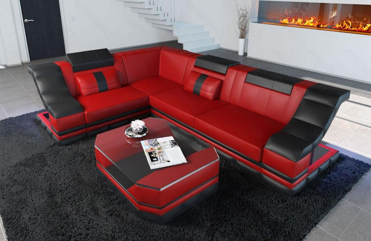 COUCH Bianchi Rot Schwarz Büffelleder - Rot, Leder (271/196cm)