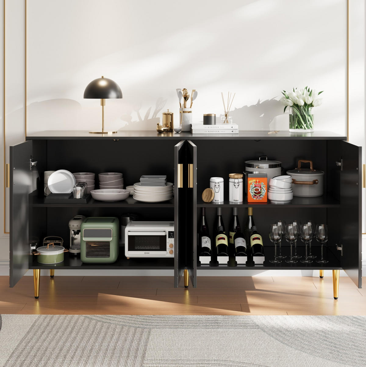 SIDEBOARD 152/40/75 cm in Schwarz mit Wellenfront und goldfarbenen Details - Schwarz, Holzwerkstoff (152/75/40cm) - Flora Grace