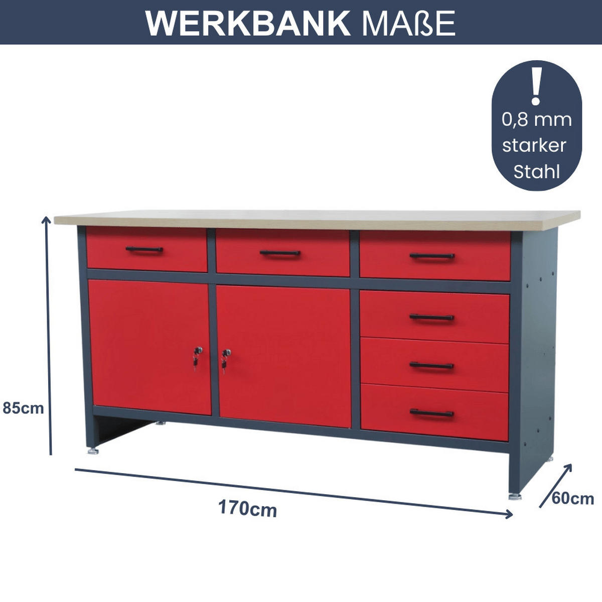 WERKBANK Werkstatt KARL 2x Tür 85x170x60cm Anthrazit-Rot - Anthrazit, Metall (170/85/60cm) - DELUKE