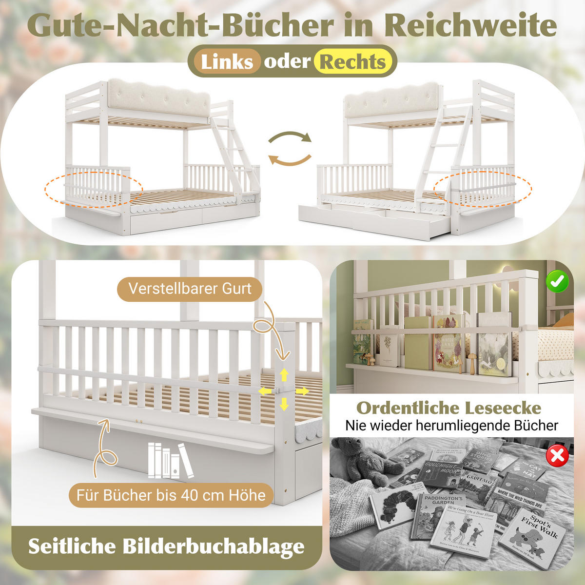 ETAGENBETT 90/200 cm & 140/200 cm in Weiß mit Schubladen und Zeitschriftenständer - Weiß, Holzwerkstoff - STILVORA