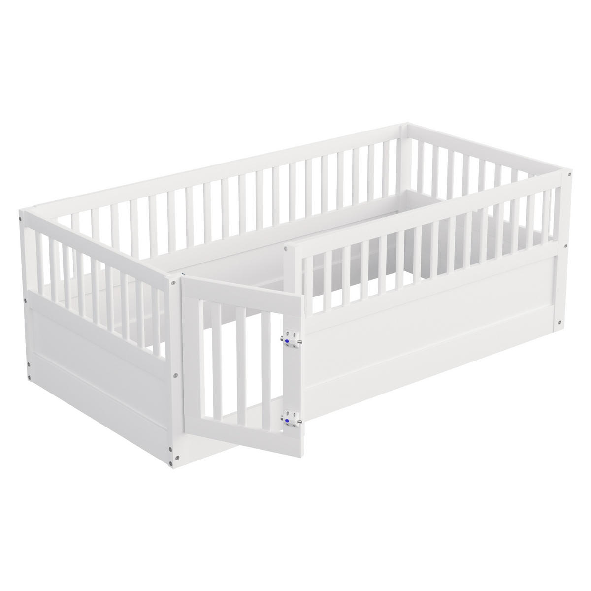 KINDEREINZELBETTEN aus Massivholz 90 x 200 cm in Weiß mit Zaun und Tür - Weiß, Holz (90/200cm) - Modfu