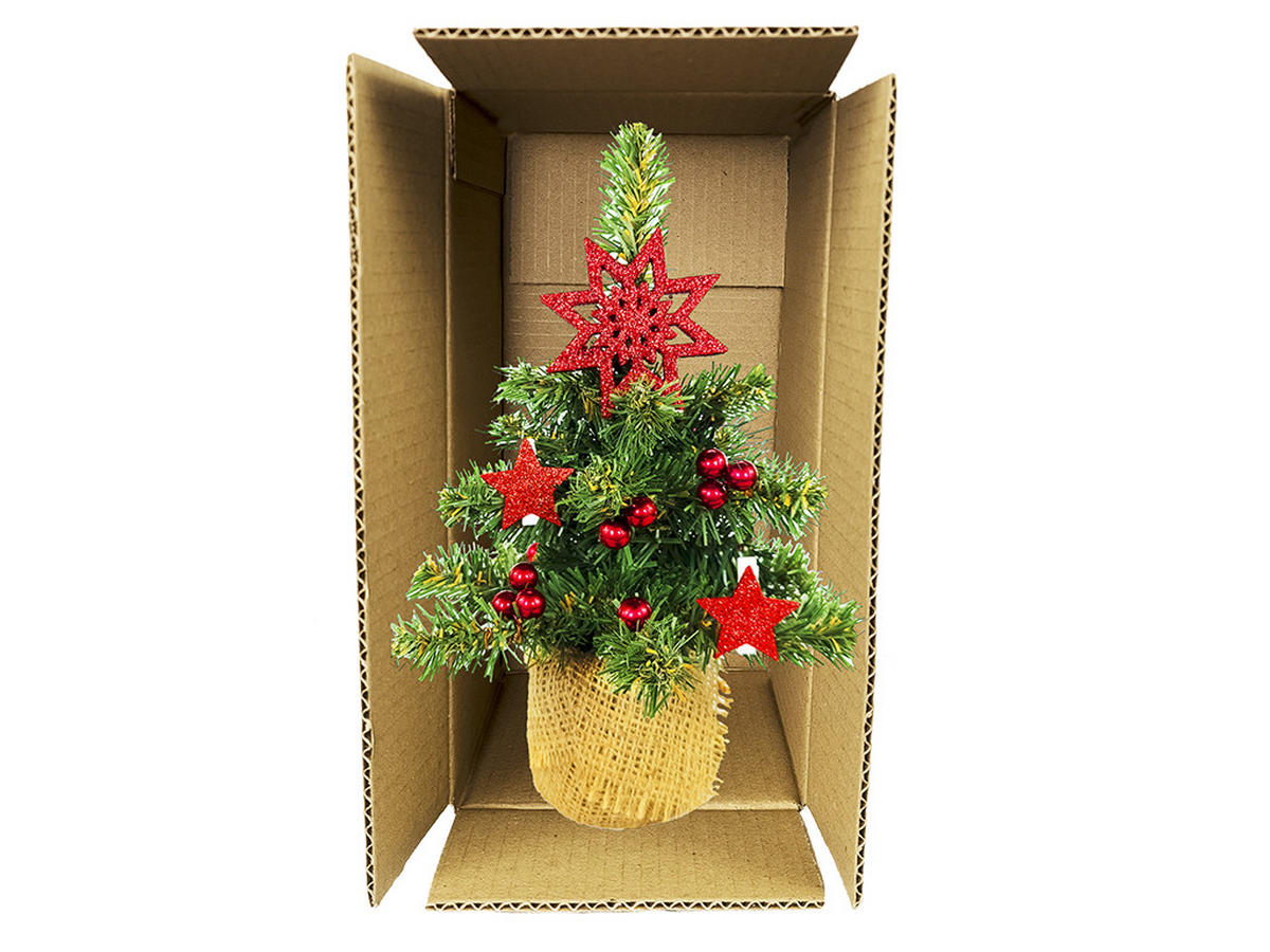 WEIHNACHTSBAUM künstlicher 25 cm, TINY 6, mit 24-teiligem Weihnachtsbaumschmuck, inkl. Metallständer und Aufbewahrungsbox - Rot/Grün, Kunststoff/Stein (18/25cm) - LAALU