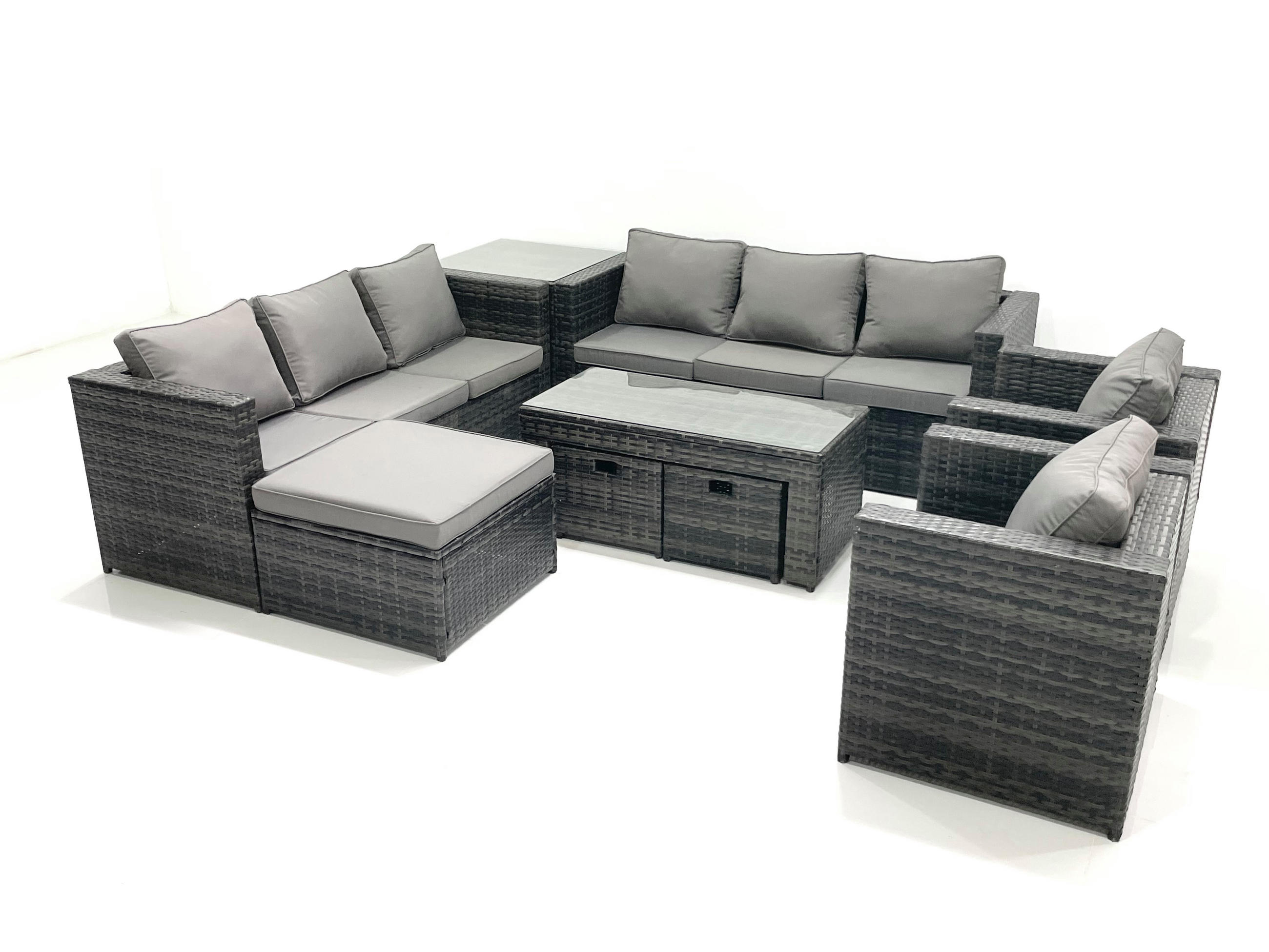 GARTENMÖBEL COUCHTISCH SET mit Sofa Polyrattan Outdoor 11-Sitzer - Dunkelgrau/Grau, Glas/Kunststoff - Fimous