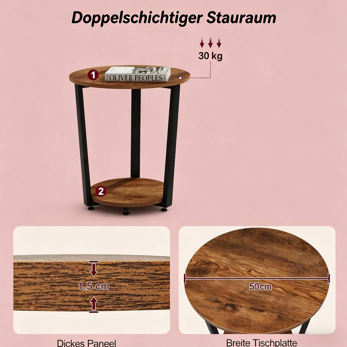 BEISTELLTISCH 50/50/53 cm mit 2 Ablagen und Metall-Holz-Gestell, Braun - Braun, Holzwerkstoff (50/50/53cm) - Redom