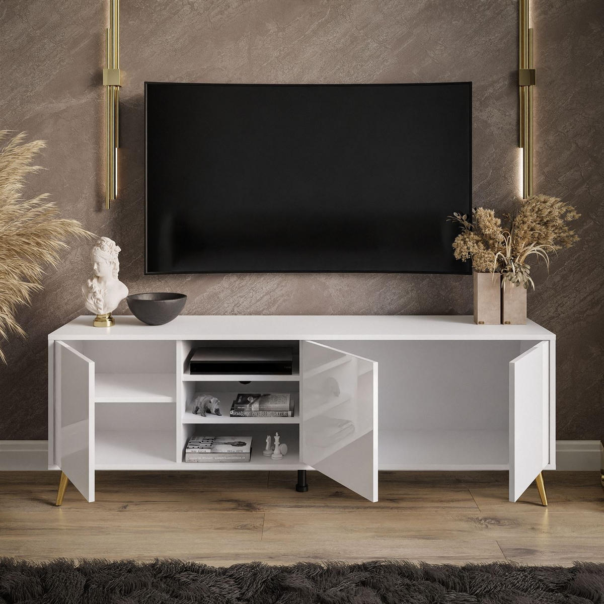 TV-ELEMENT SANAYI auf goldenen Beinen Hochglanz Weiß - Weiß, Holzwerkstoff (156/54/38cm) - Lookway