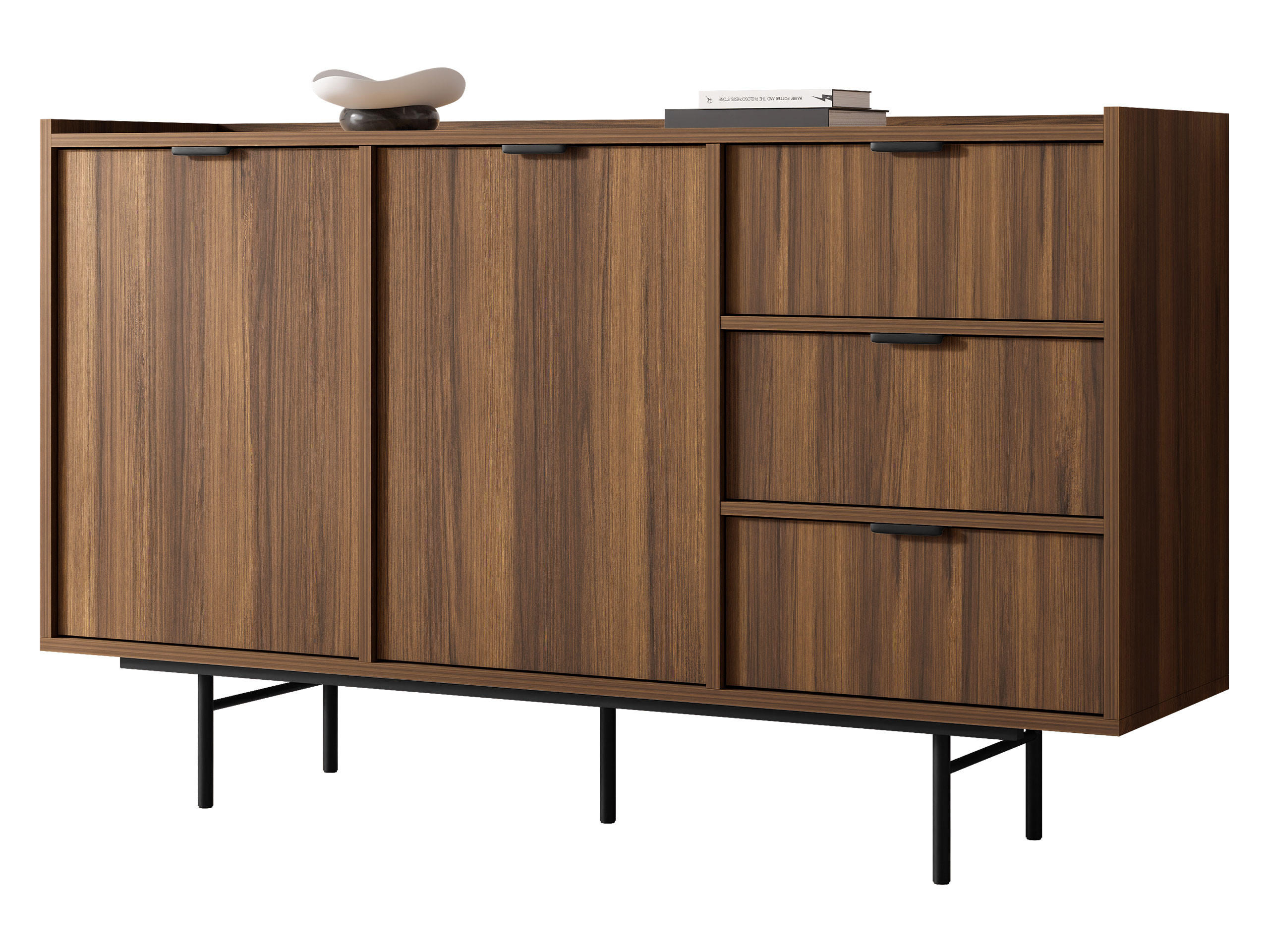 KOMMODE Edison 2D3S - Nussbaumfarben/Schwarz, Holzwerkstoff/Metall (150/90/40cm) - MIRJAN24