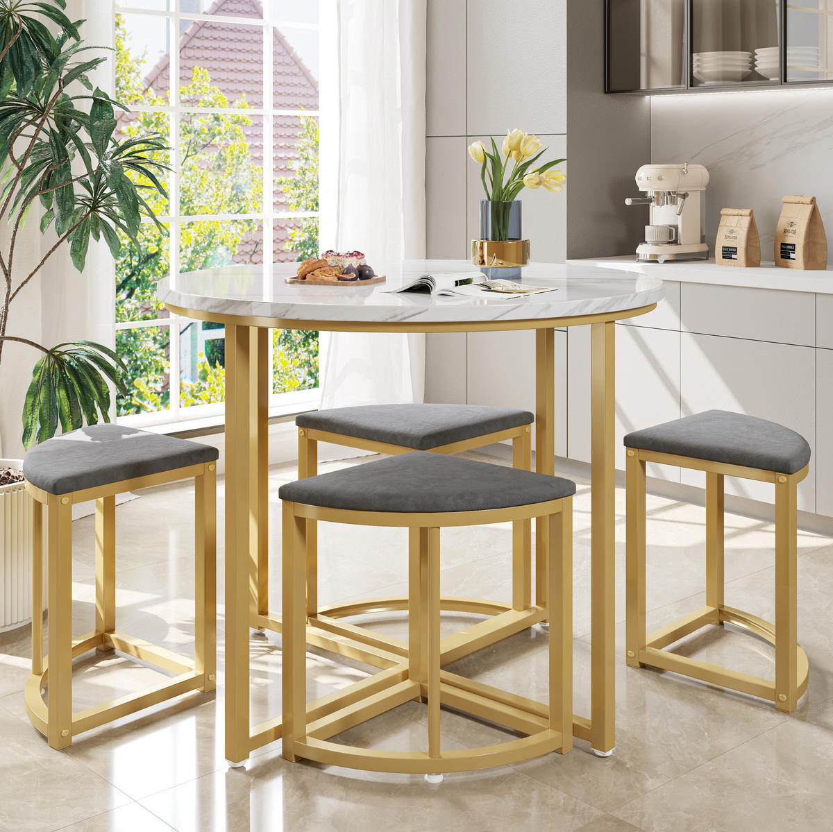 TISCHGRUPPE für 4 Personen mit Samtstühlen und rundem Tisch Ø 80 cm - Weiß, Holzwerkstoff (80/75/80cm) - BEAOK