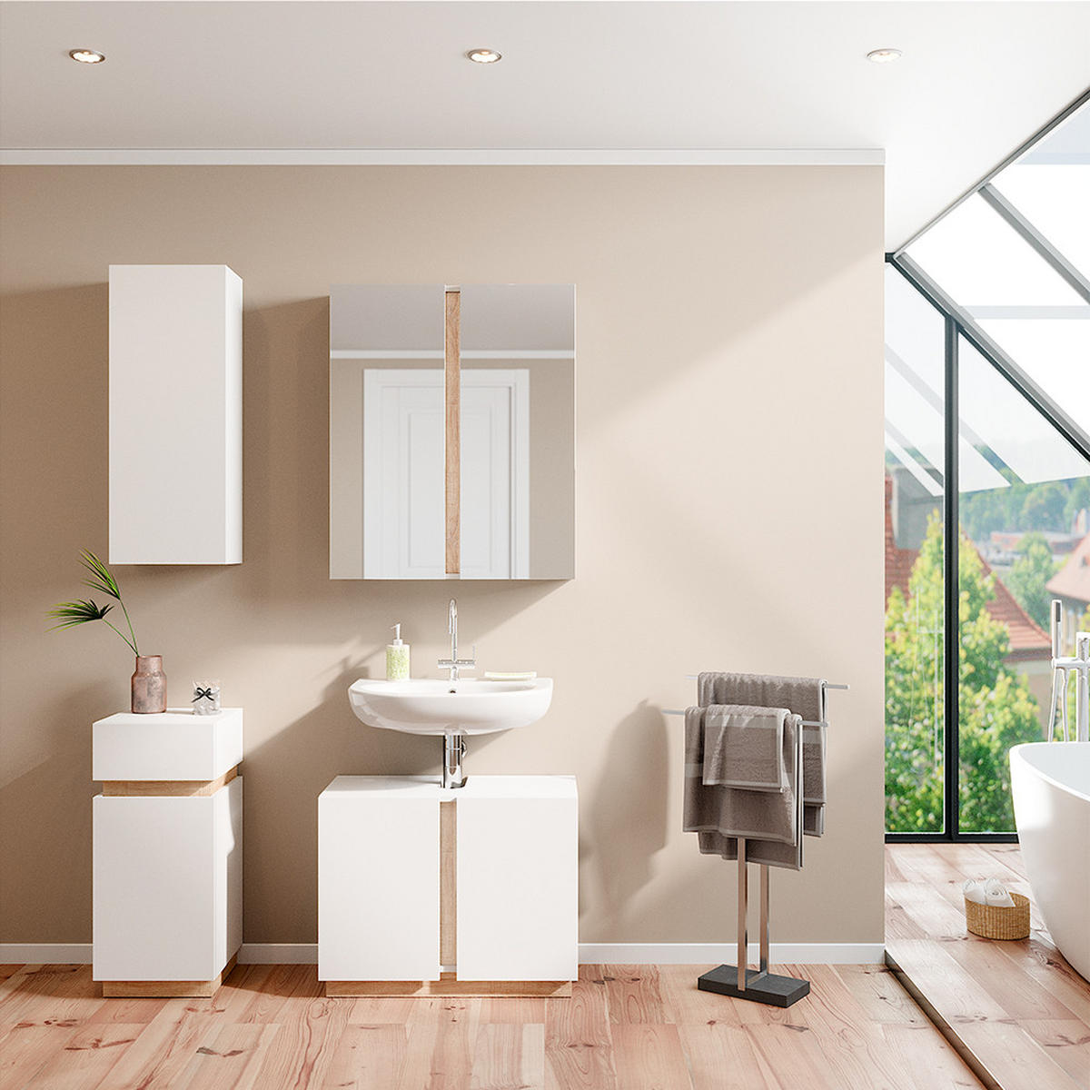BADMÖBEL-SET Gloria Weiß 4 Teile - Weiß/Sonoma Eiche, Holzwerkstoff (70/55/34cm) - Vicco