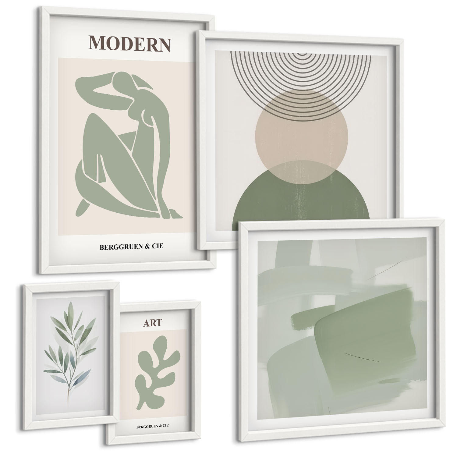 BILDER SET 5er Set - 50x50 cm & 20x30 cm & 40x60 cm Weißer Rahmen - Stilvolle abstrakte Pflanzengrafiken - Weiß, Kunststoff (40/60cm) - TULUP