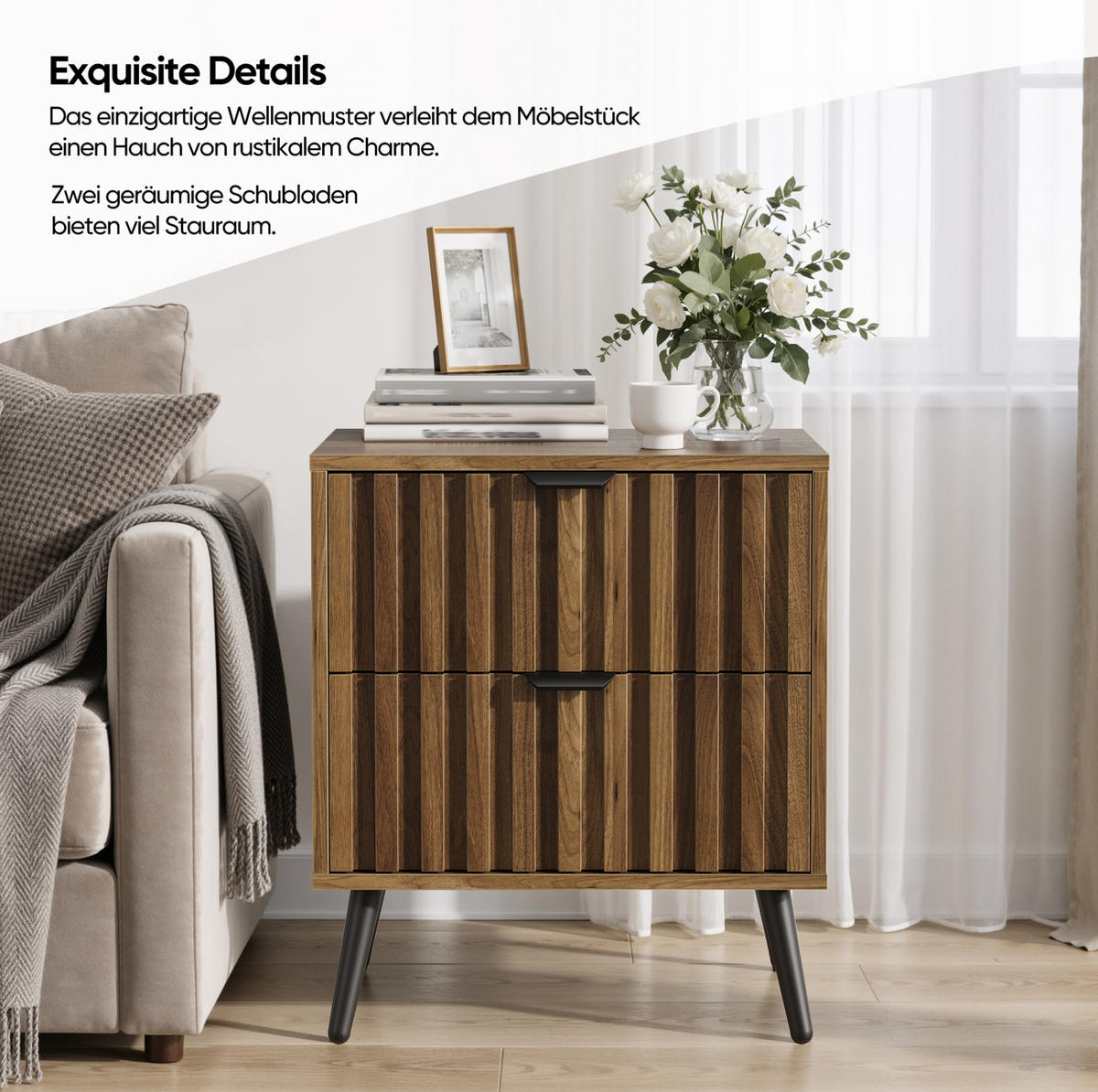 NACHTTISCH aus MDF mit 2 Schubladen, Metallgestell, 45/40/53 cm, Walnuss - Walnussfarben, Holzwerkstoff (40/53/45cm) - Redom