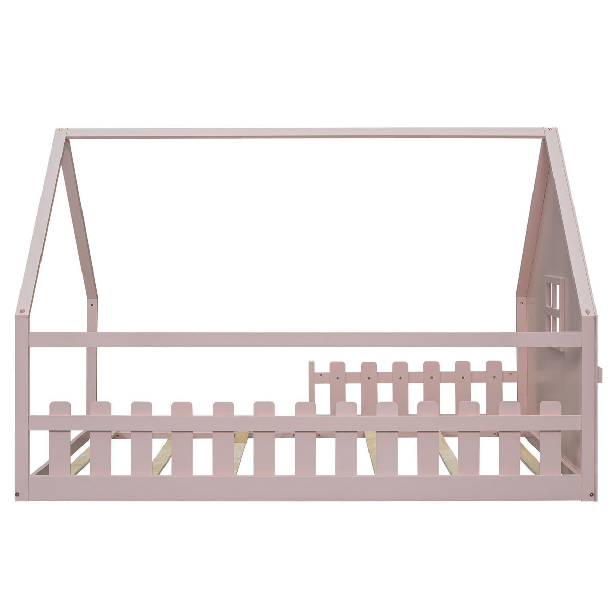 HAUSBETT 140/200 cm in Rosa – aus Kiefernholz mit Dachrahmen und Geländer - Rosa, Holz (140/200cm) - BEAOK