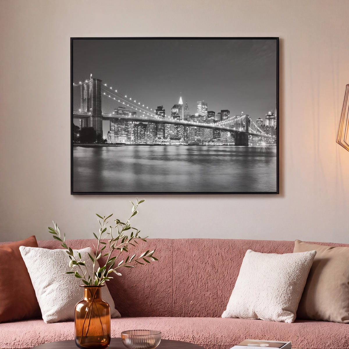 LEINWAND Bilder mit Rahmen - New York - Brücke - Brooklyn - Schwarz und weiß - Architektur - 100x70 - Schwarz, Textil (100/70cm) - MuchoWow