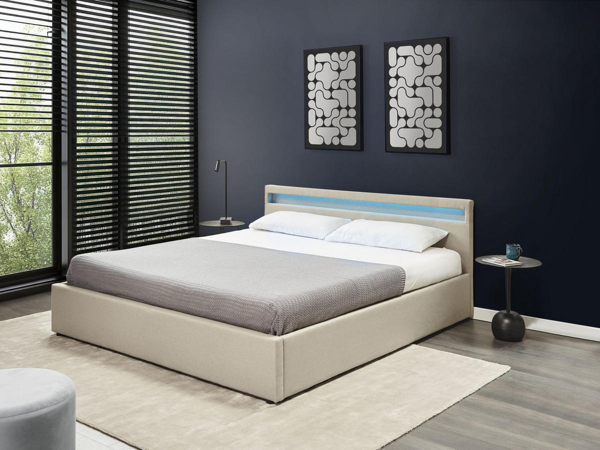 POSTEL s úložným prostorem a LED-Beleuchtung 180/200 cm Látka Béžová Armelle - béžová, textil (180/200cm) - Beliani