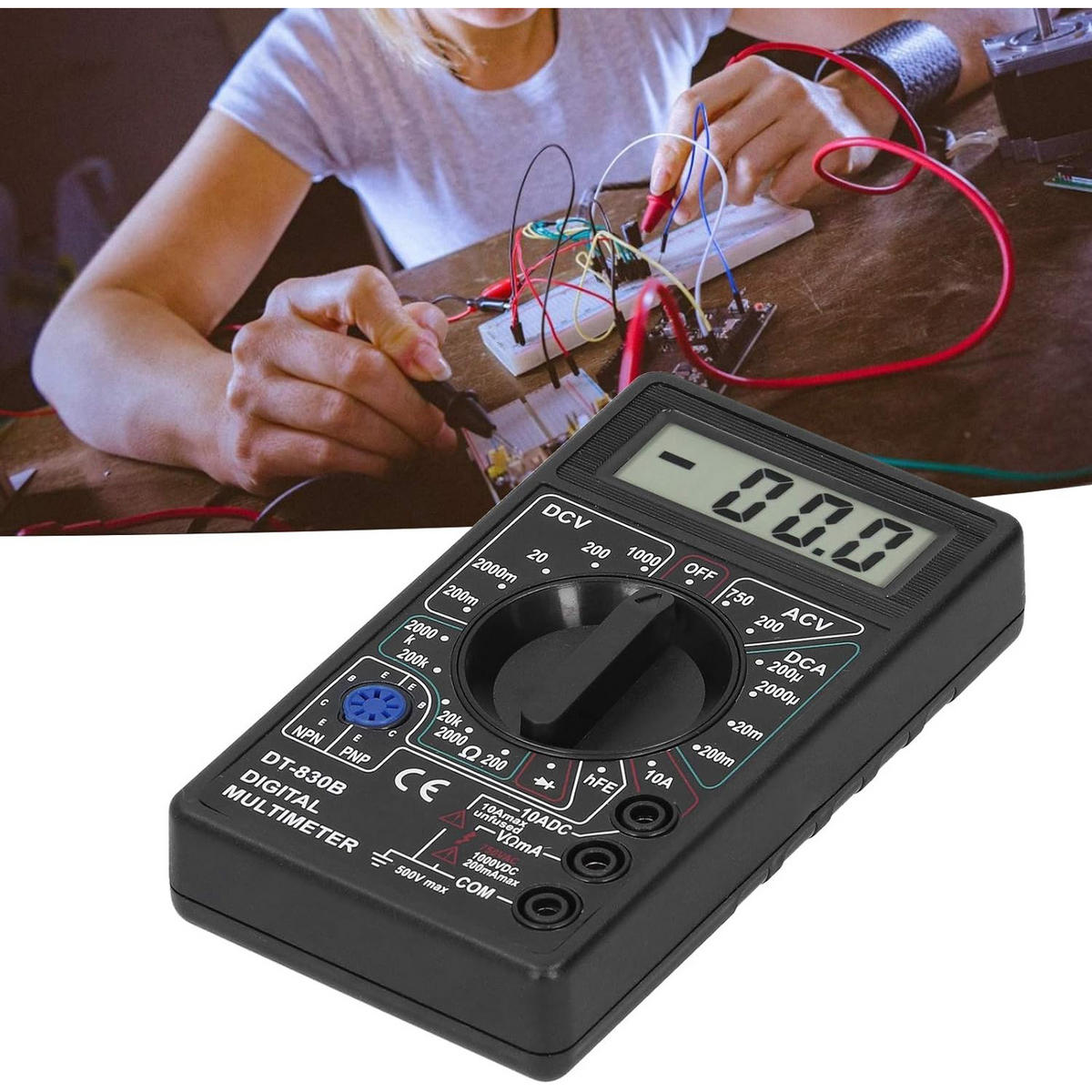 MULTIMETER DT-830B - Mini digital, LCD, DC 0-1000 V, AC 200-750 V, DC 0-10 A, 0-2 MΩ, Dioden- und Transistortest - Multicolor, Kunststoff/Metall (10/10/10cm)
