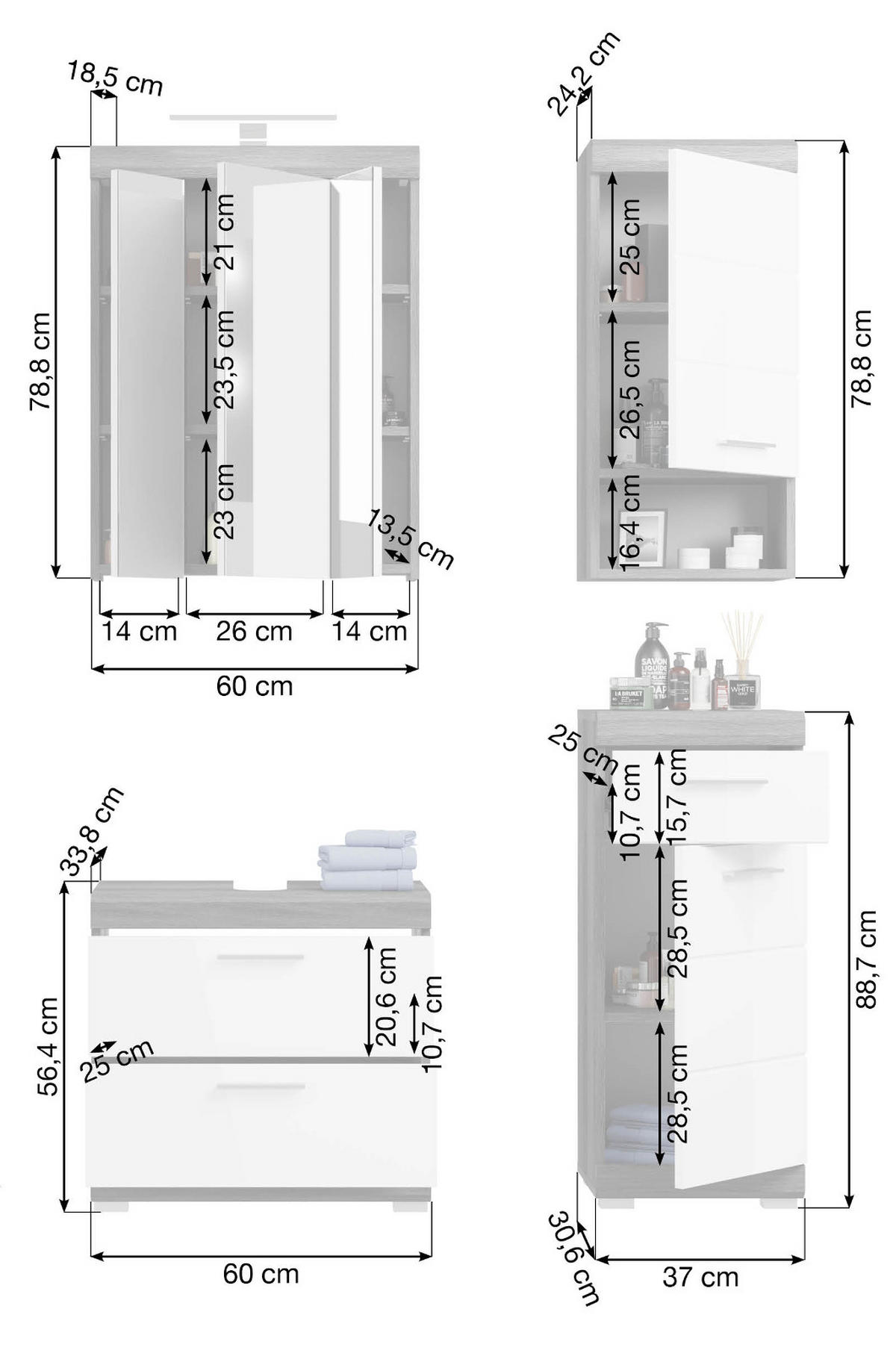 BADMÖBEL-SET weiß Hochglanz, grau 4-teilig 112 cm, Komplettset mit 14 Fächern - Weiß Hochglanz/Grau, Holzwerkstoff (112/191/34cm) - Inn.Furn
