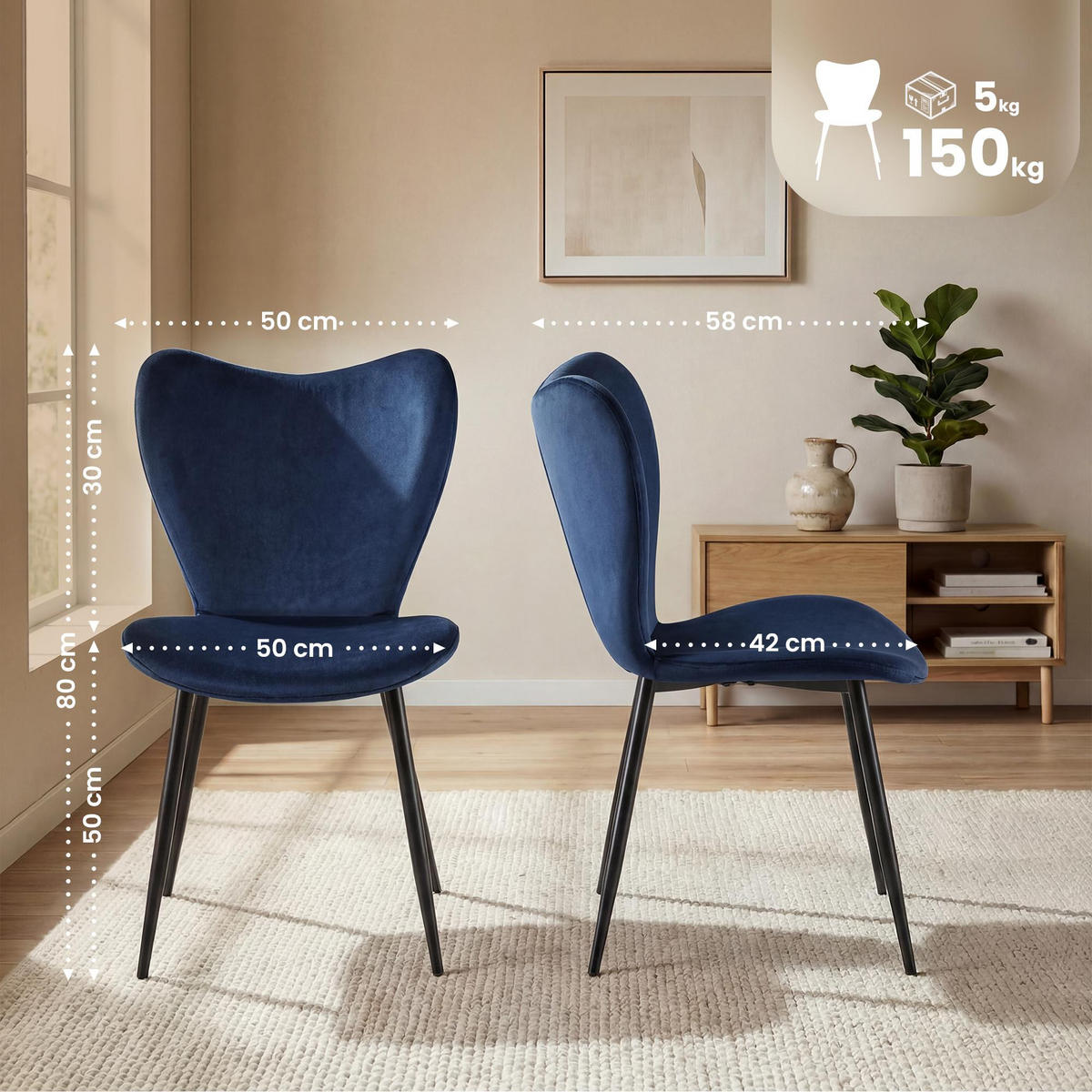 ESSZIMMERSTUHL Samt Dunkelblau - Schwarz/Dunkelblau, Textil/Metall (50/80/58cm) - CLP