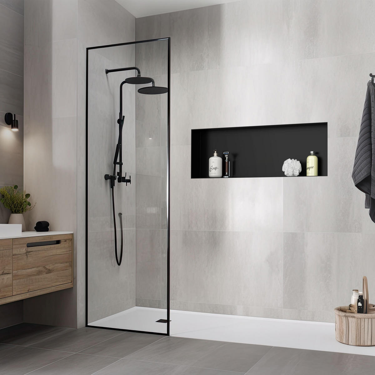 DUSCHNISCHE Schwarz 90/30 cm - Schwarz, Metall (34/10/94cm) - LuxeBath
