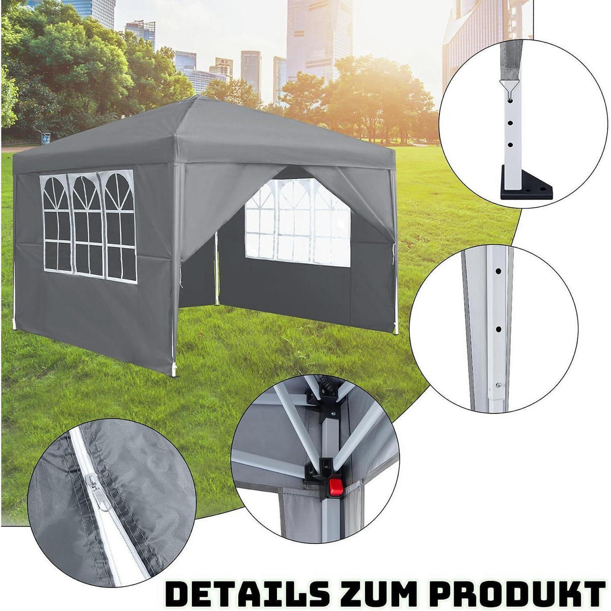 FALTPAVILLON 3 x 3 m Grau mit 4 Seitenteilen und Fenstern - Grau, Textil (300/260/300cm)