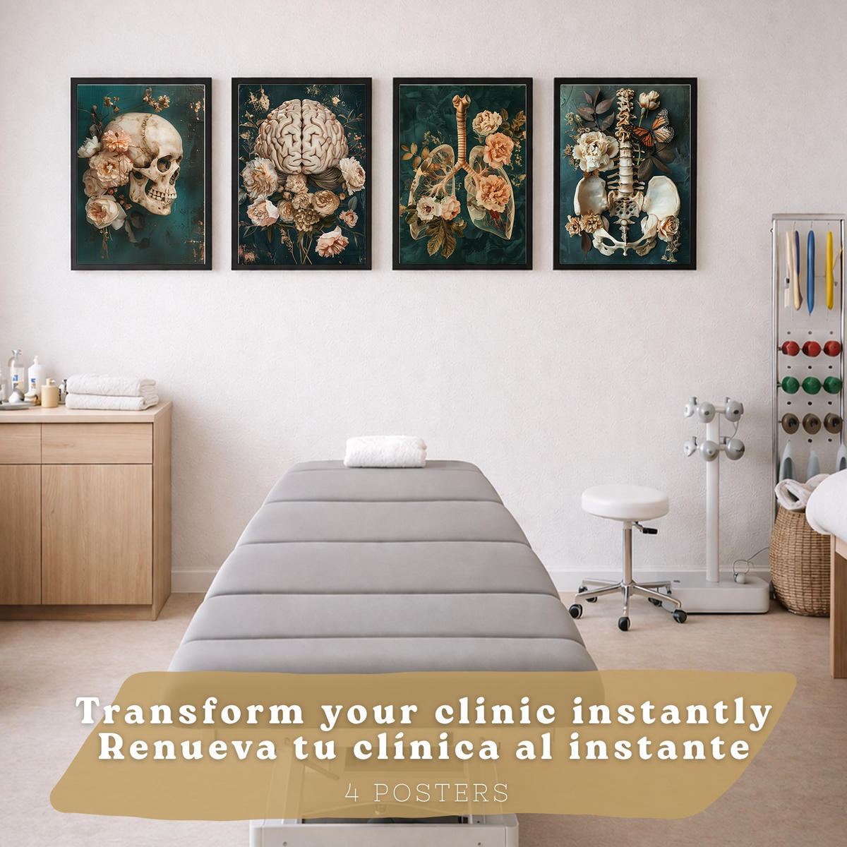 POSTER Set aus 4 Anatomie Mensch Drucke und mit Schädel Gehirn Lungen Luftröhre Bronchien Becken Wirbelsäule Florales Größe Schwarzer Rahmen A3 - Schwarz, Papier (29.7/42/3cm) - Nacnic