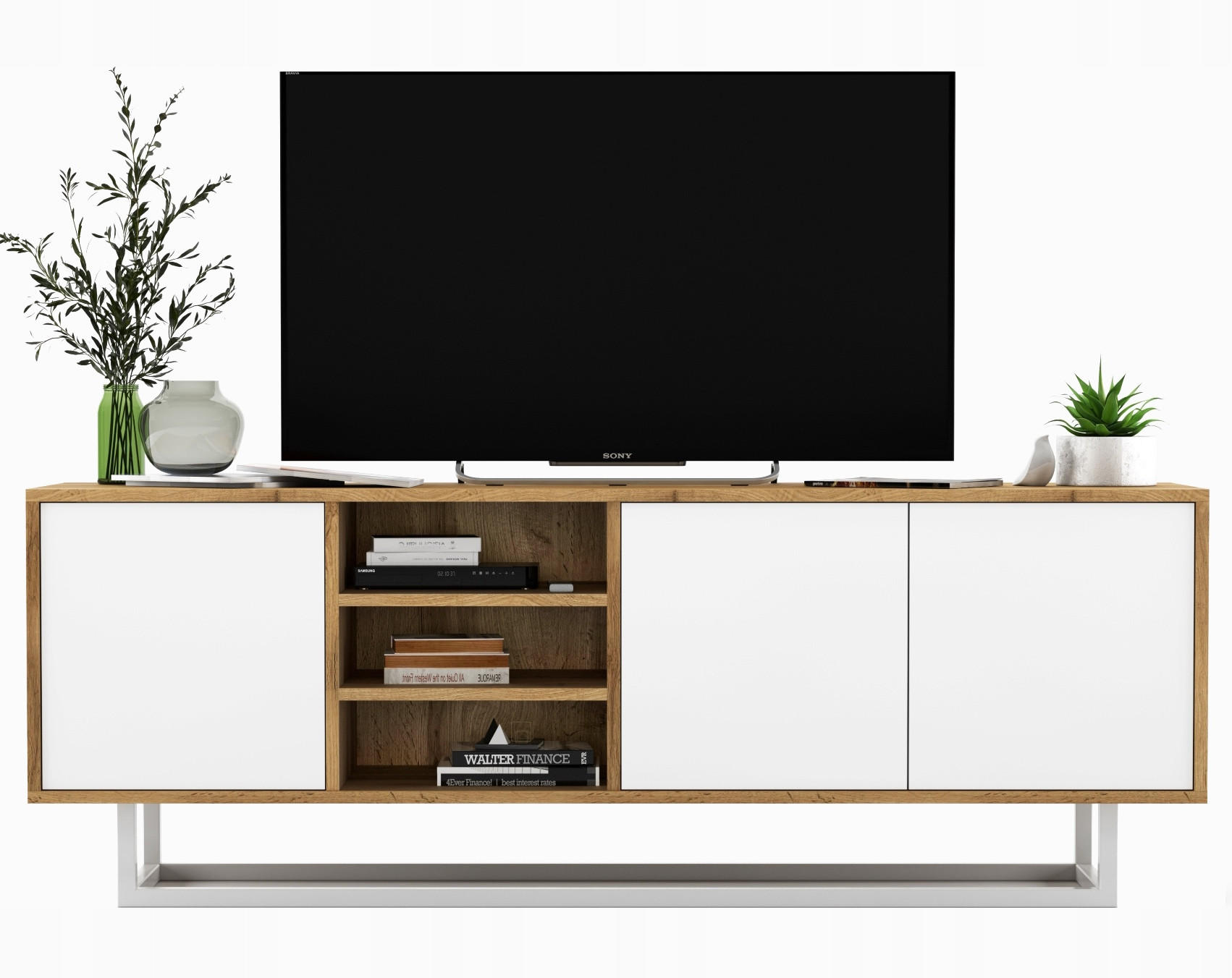 Meble Lindner TV stolek Apollo dub Wotan / bílá matná 150 cm s kovovým rámem