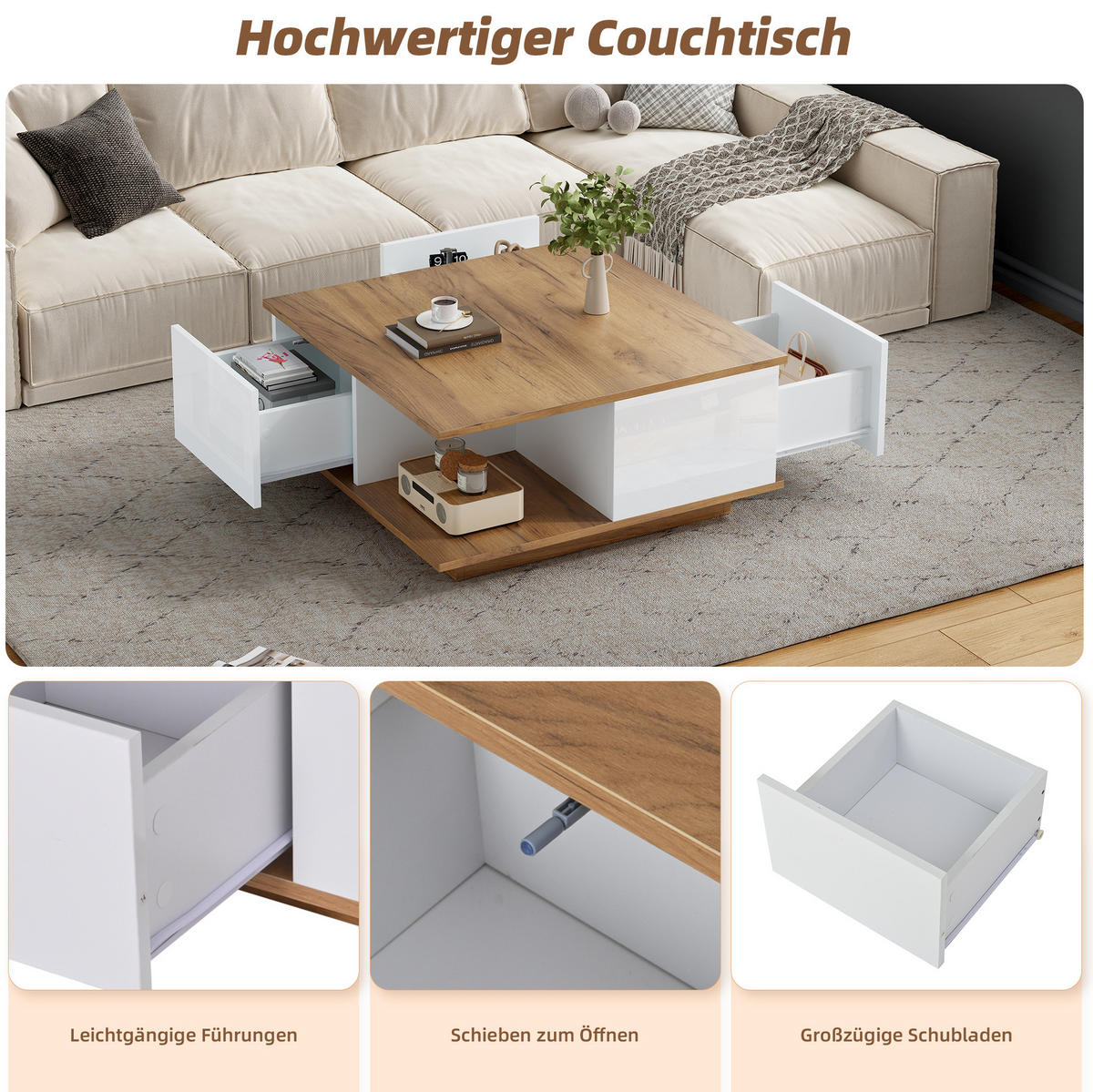 COUCHTISCH 70/70/31.5 cm Weiß/Walnuss aus Spanplatte mit 3 Schubladen - Weiß, Holzwerkstoff (70/70/31.5cm) - OKMYHOME