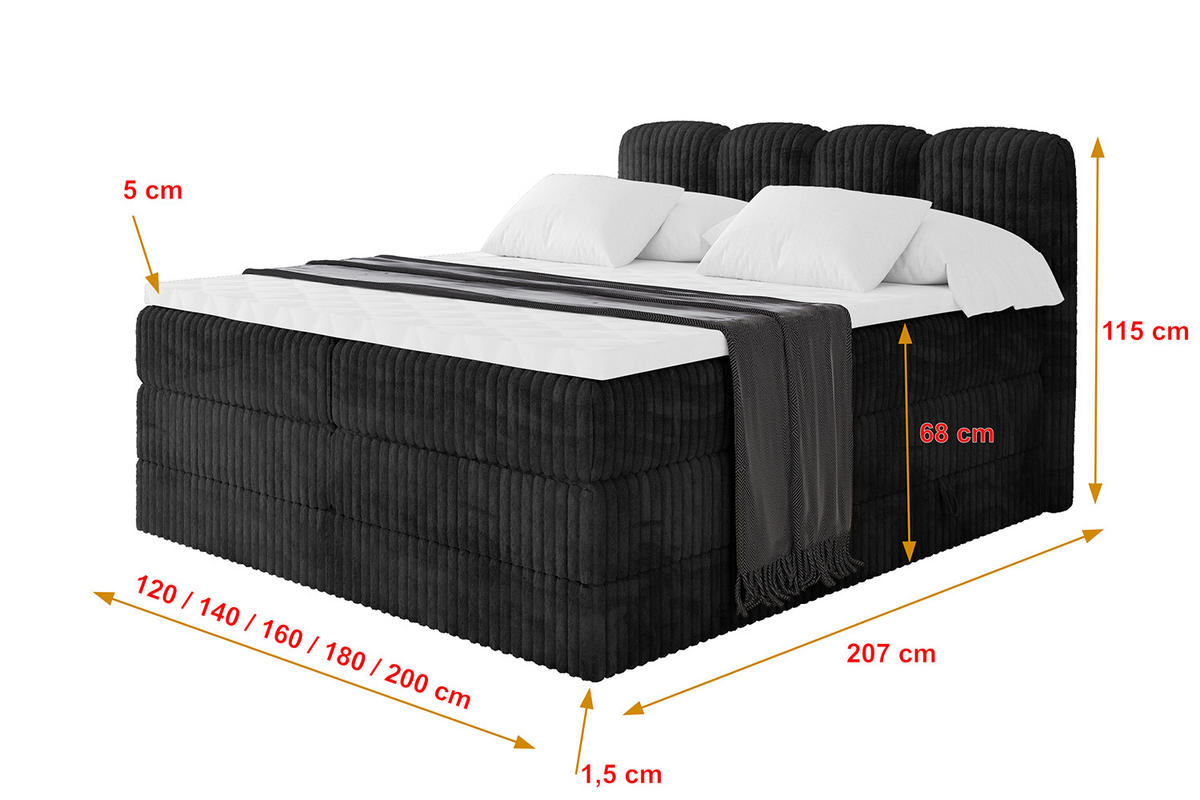 BOXBETT mit Matratze H3|H4 - NINA KING - 160x200 cm - Schwarz - Graubraun, Holzwerkstoff (160/200cm) - ALTDECOR