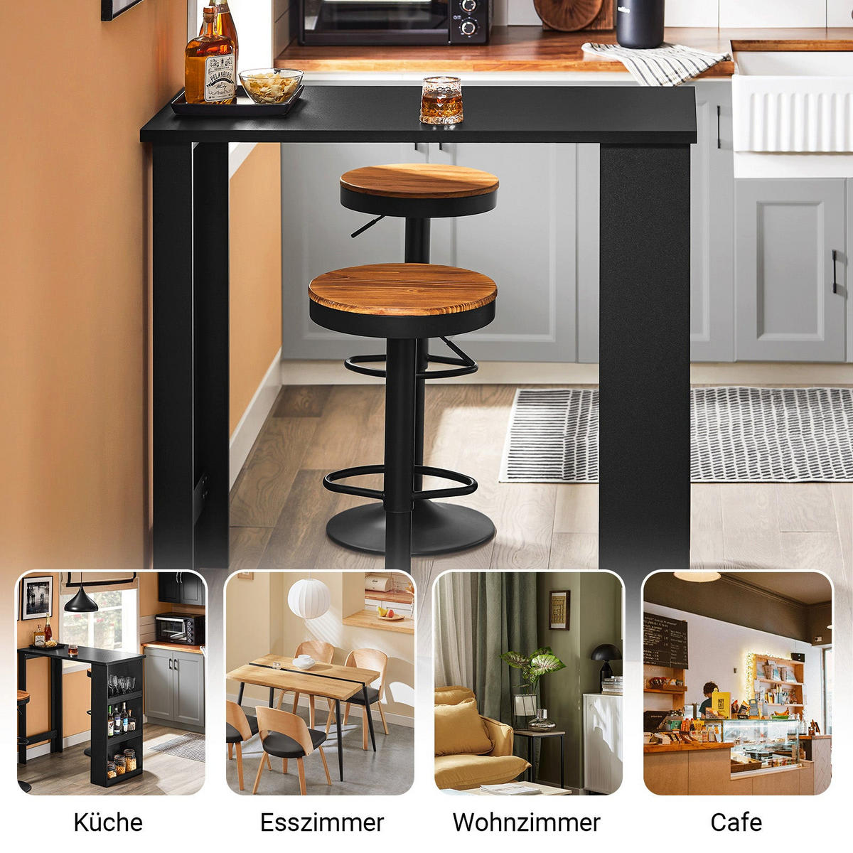 BARTISCH mit 3 Ablageflächen, Schwarz 112x106x57 cm - Schwarz, Holzwerkstoff (57/112/106cm) - SoBuy