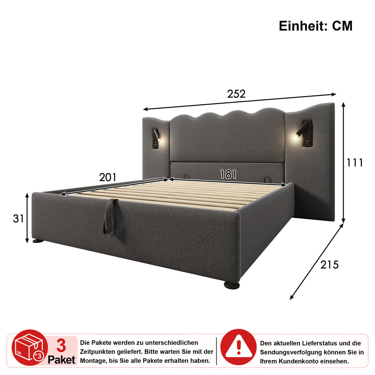 ČALOUNĚNÁ POSTEL 180 × 200 cm v šedém lnu s úložným prostorem, lampičkou na čtení a USB/USB-C - šedá, kov/kompozitní dřevo (180/200cm) - WISHDOR