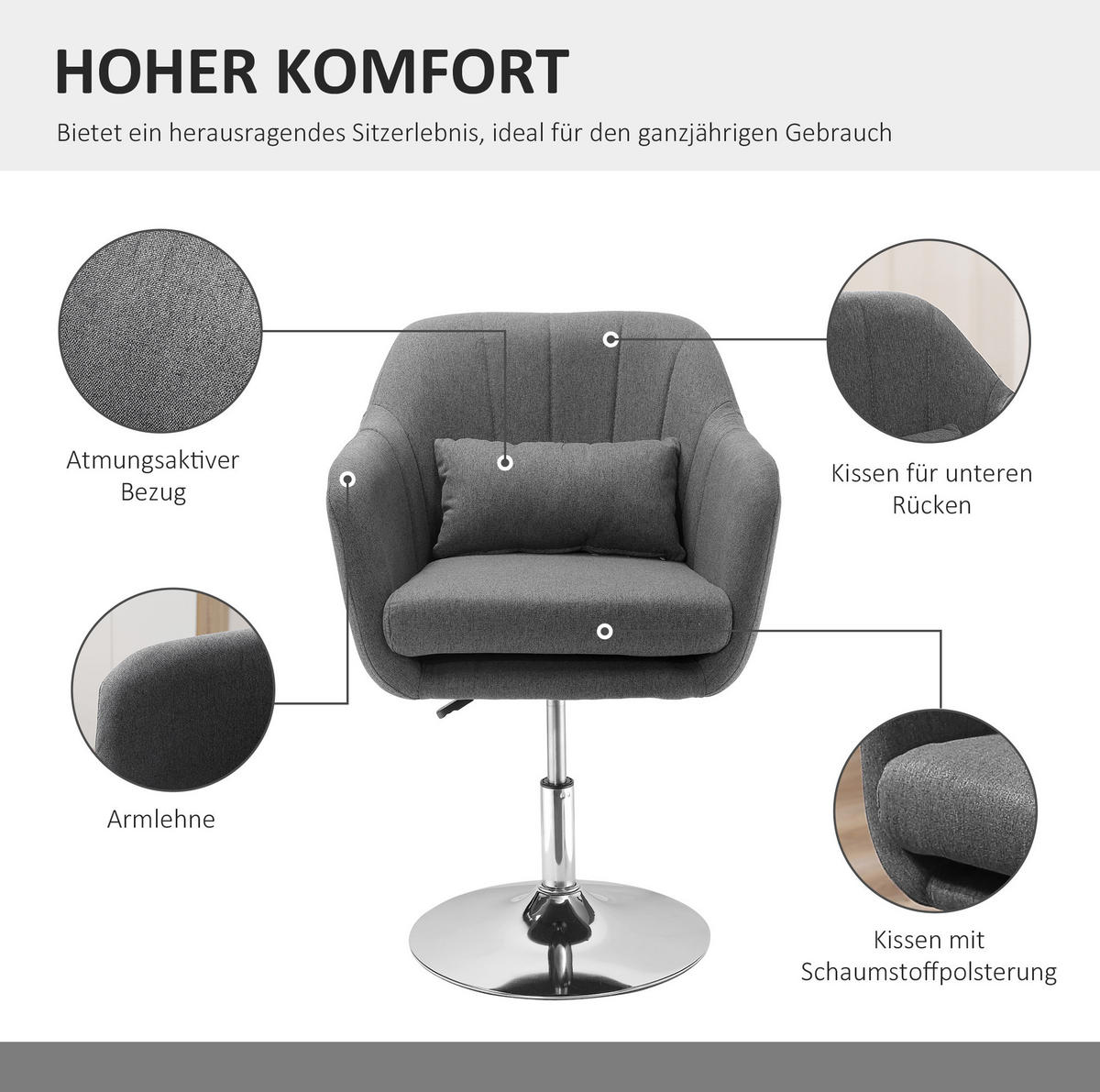 DREHSTUHL 60/60/79-91 cm dunkelgrau aus Polyester drehbar - Dunkelgrau, Kunststoff (60/91/60cm) - OKWISH