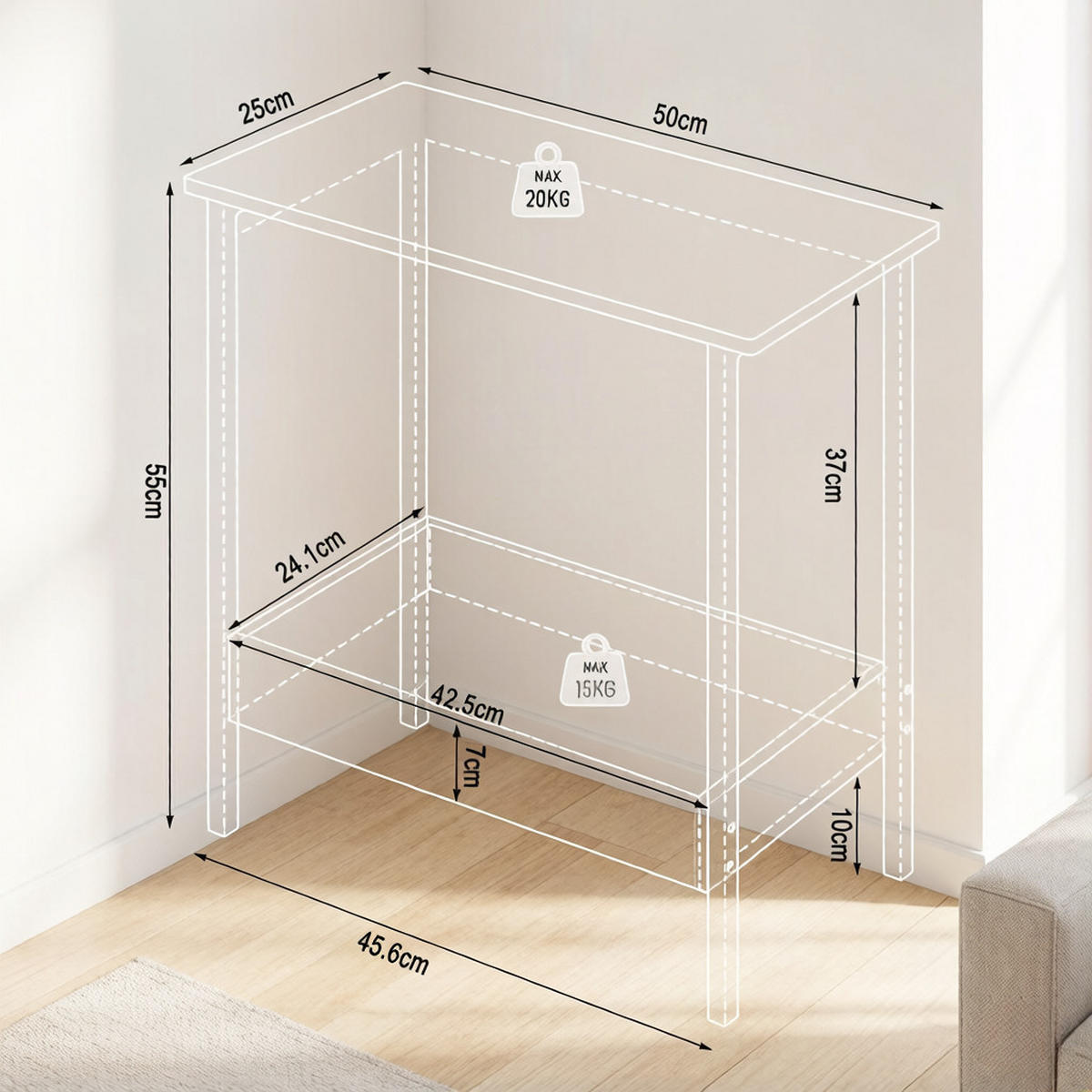 BEISTELLTISCH DE-37248 quadratisch mit 2 Regalen Holz - Eichefarben, Metall (50/25/55cm) - ComfortXL